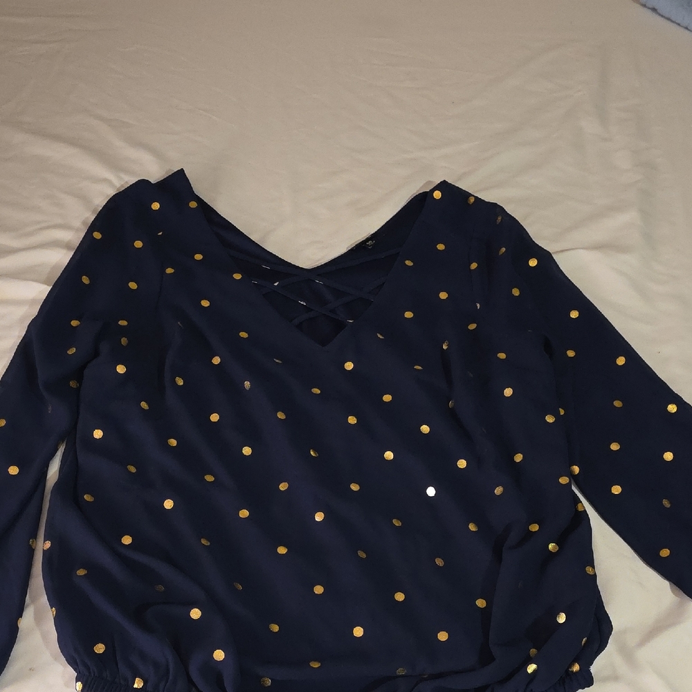 Torrid Dark Blue Blouse with Gold Dots